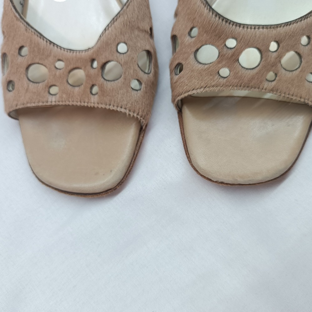 Salvatore Ferragamo Calf Hair Laser Cut Out Mules Kitten Heel Tan 5.5B Designer - Picture 4 of 10